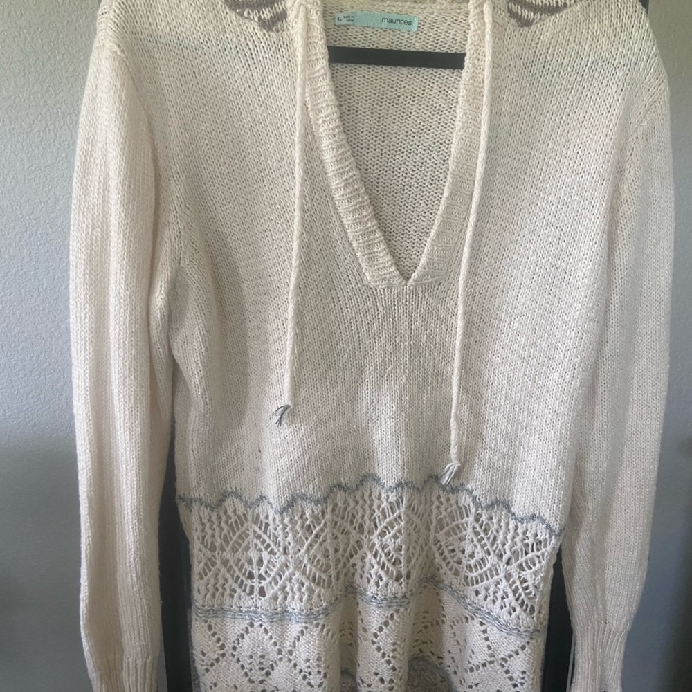 Maurices Cream V-Neck Crochet Hem Hooded Pullover
